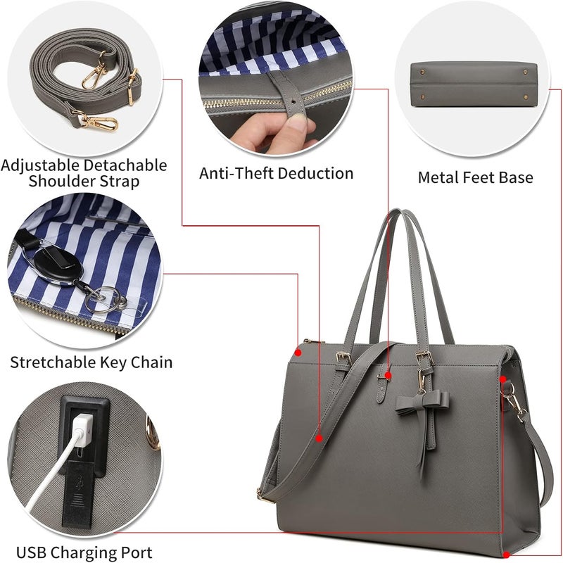 Keyli 4pc Sets Laptop Bag for Women Large Leather Laptop Briefcase with USB Charging Port Computer Shoulder tote Bags Purse - Image 5